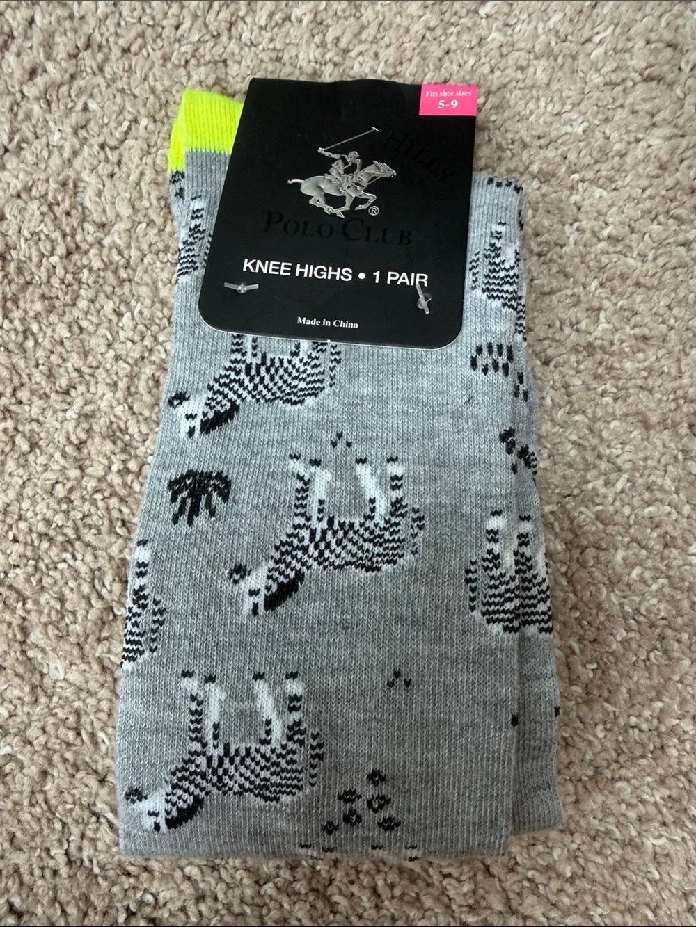 Beverly Hills Polo Club Grey Knee-High Socks with Neon Yellow Cuff